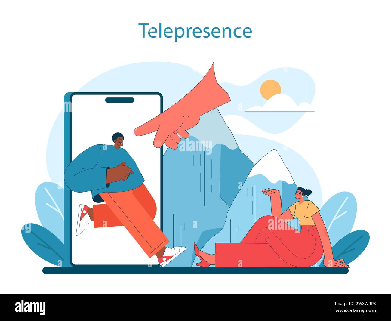Telepresence im virtuellen Tourismus. Der Mensch interagiert mit einem riesigen Smartphone und überbrückt Entfernungen mit innovativer Technologie. Vektorabbildung. Stock Vektor