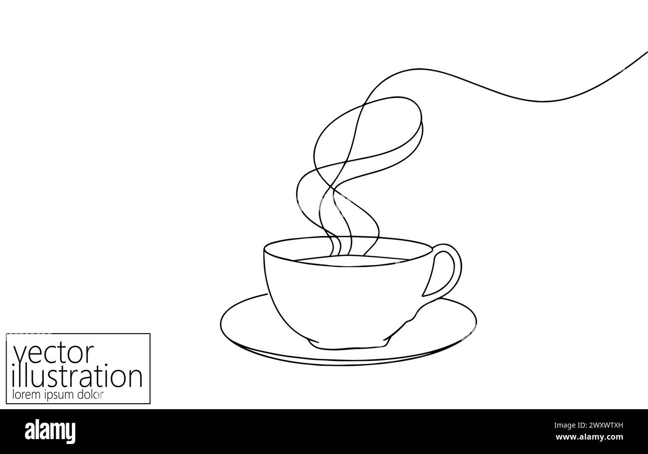 Einzelne durchgehende Strichgrafik. Kaffeetasse Teetasse Morgenkaffee Heißgetränk Silhouette Konzept Design eine Skizze Umriss Zeichnung Vektor Illustration. Stock Vektor