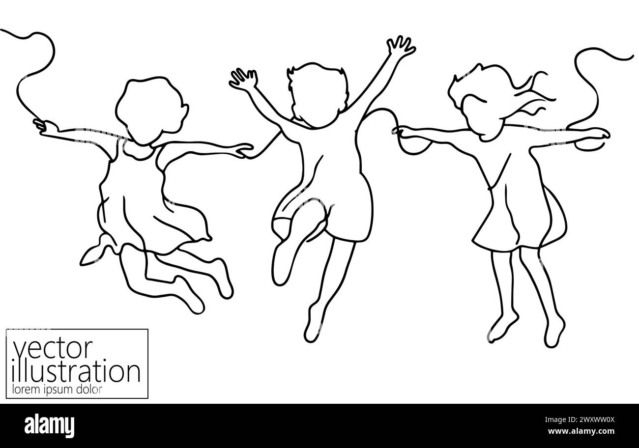 Drei glückliche springende Kinder. Kindlicher Aktivsport, einzeilige Zeichnung schwarzer Tinte. Freunde zusammen. Vektordarstellung der Konturumrandung. Stock Vektor