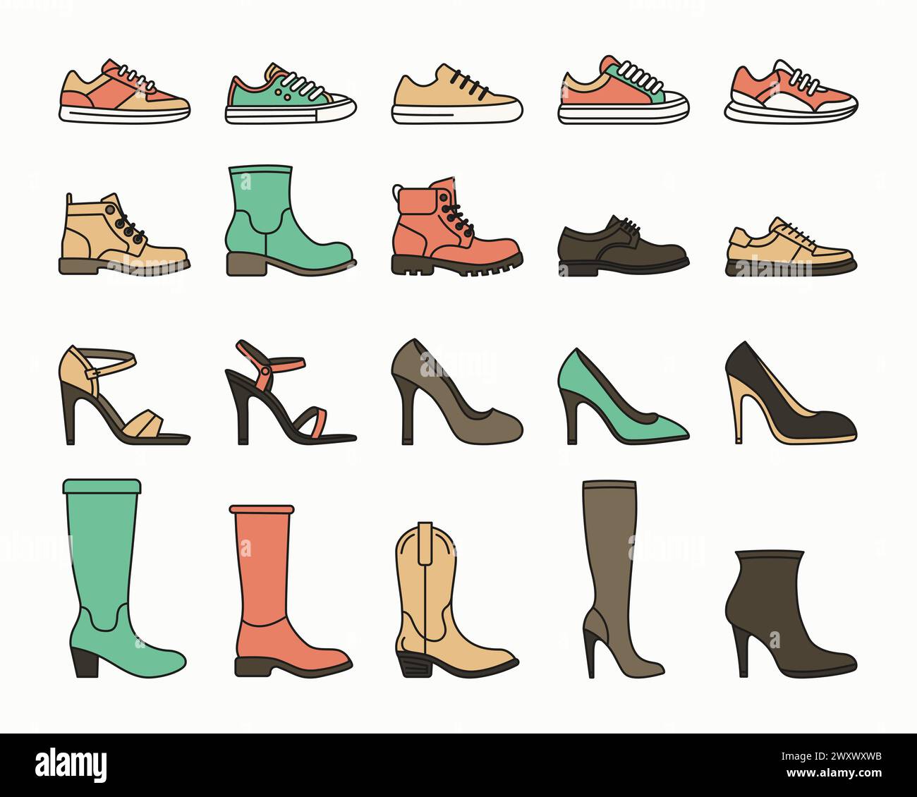 Flache Vektorschuhe Linear für Männer und Frauen, Symbolsatz isoliert. Turnschuhe, Schuhe, Stiefel Schuhe Farbsymbole Stock Vektor