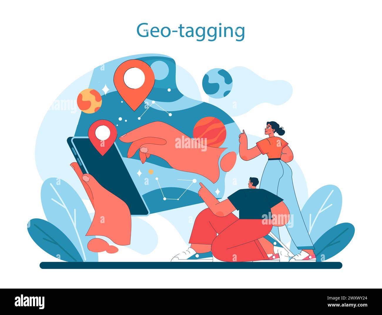 Geo-Tagging im virtuellen Tourismus. Entdecker nutzen ein Tablet, um Standorte auf einem virtuellen Globus zu fixieren und Reisen mit digitalen Karten zu planen. Vektorabbildung. Stock Vektor