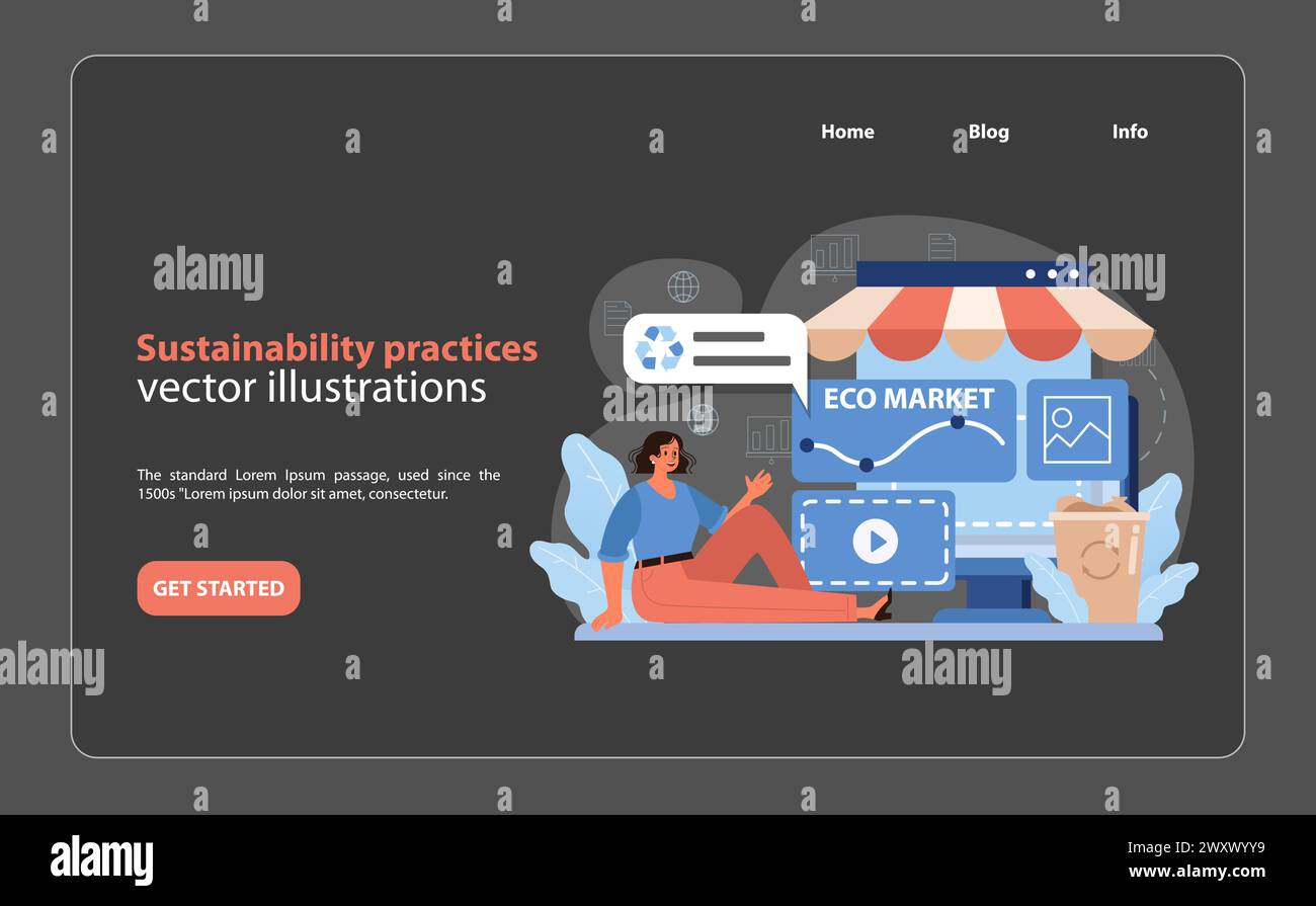 Konzept Der Nachhaltigkeitspraktiken. Förderung eines umweltfreundlichen Einzelhandels durch digitale Plattformen. Nachhaltiges Einkaufserlebnis in moderner Einzelhandelstechnik. Illustration des flachen Vektors. Stock Vektor