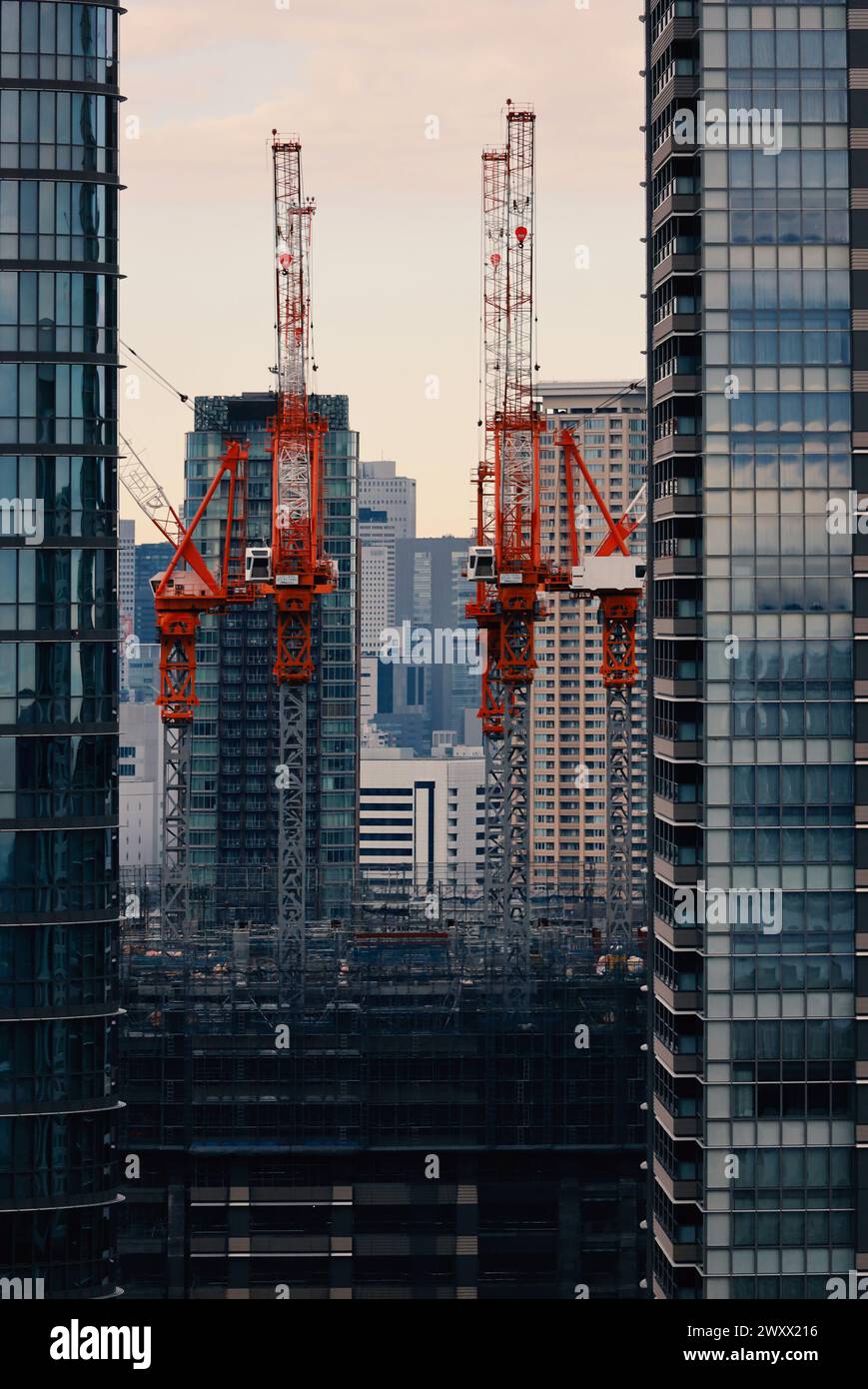 Tokio Landschaft Ein Blick auf die Stadt, wo die Renovierungsarbeiten zwischen Wolkenkratzern voranschreiten Stockfoto