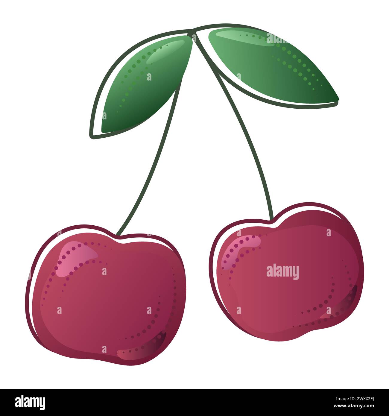 Zwei saftige Kirschen, reife burgunderrote Beeren mit zwei Stielen und Blättern, Vektorverlaufsillustration Stock Vektor
