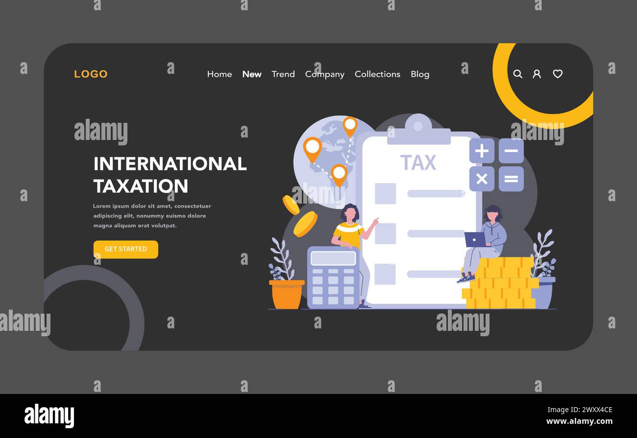 Internationale Besteuerung im Nacht- oder Dunkelmodus (Internet oder Landing-Page). Experten steuern die globale Finanzpolitik und optimieren Steuerstrategien für multinationale Operationen. Grenzübergreifende Finanzverwaltung. Stock Vektor