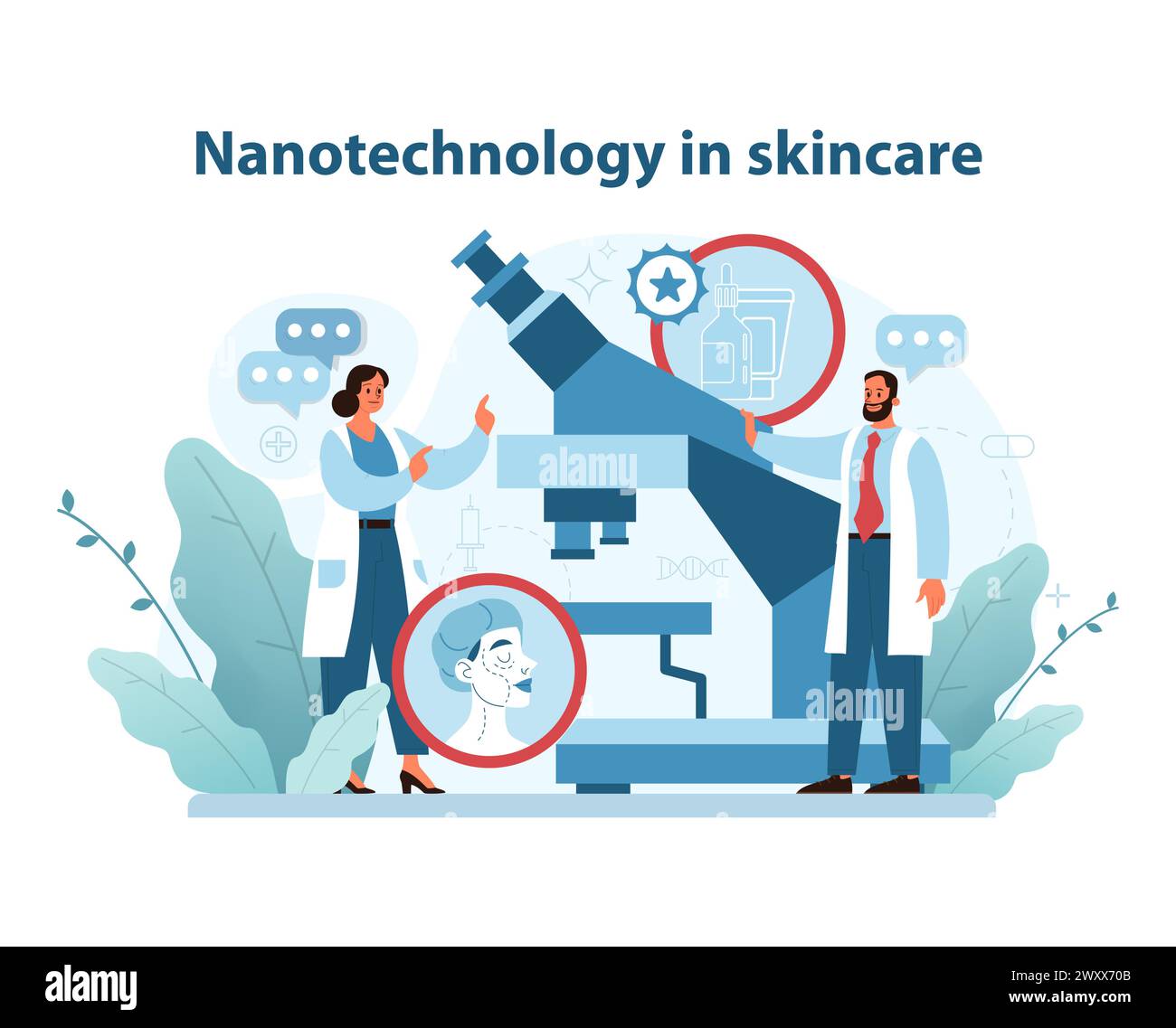 Nanotechnologie in der Hautpflege-Illustration. Futuristische Präzision für verbesserte Schönheitsbehandlungen. Mikroskopische Innovation und Hautpflege verbinden. Vektorabbildung. Stock Vektor