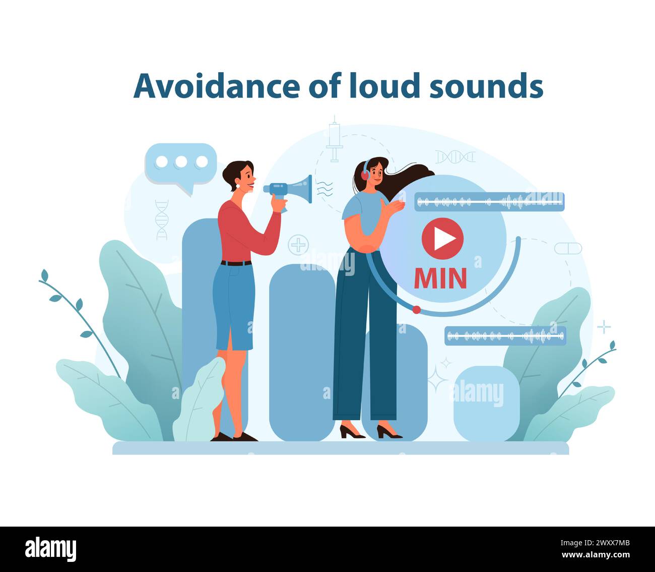 Rauschunterdrückungskonzept. Eine lehrreiche Vektorgrafik, in der Einzelpersonen mit minimaler Lautstärkeregelung den Geräuschpegel steuern, um das Gehör zu schützen. Illustration des flachen Vektors. Stock Vektor