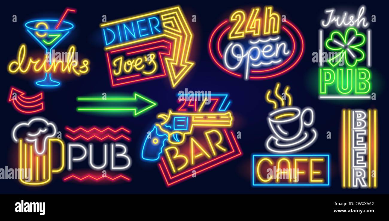 Set aus modischem Neonschild. Nächtliches helles Schild, leuchtendes Licht-Banner. Summer Club-Logo, Emblem. Editierbarer Vektor. Inscriptions Cafe, Pub auf dem Stock Vektor