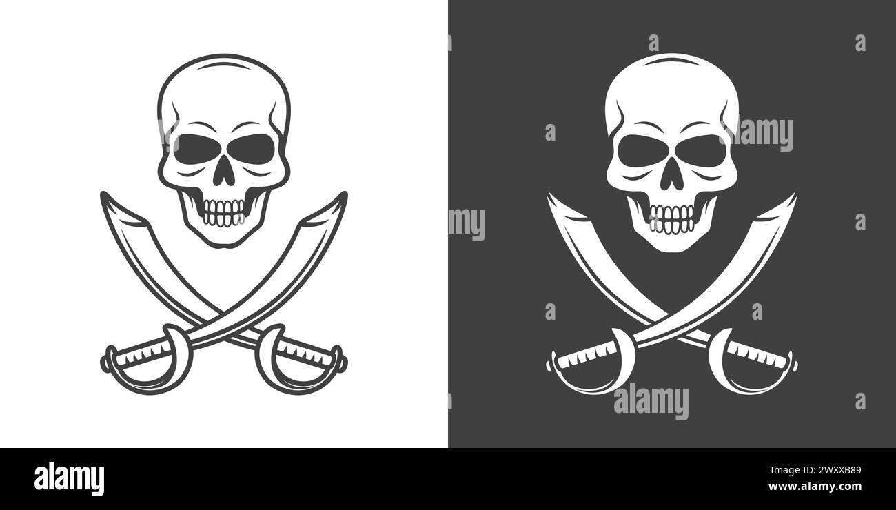 Vektor Schwarz-weiß Schädel und Fadenkreuz Sabers Symbol Set Nahaufnahme isoliert. Skulls Collection mit Outline, Cut-out-Stil in Vorderansicht. Handgezeichnet Stock Vektor