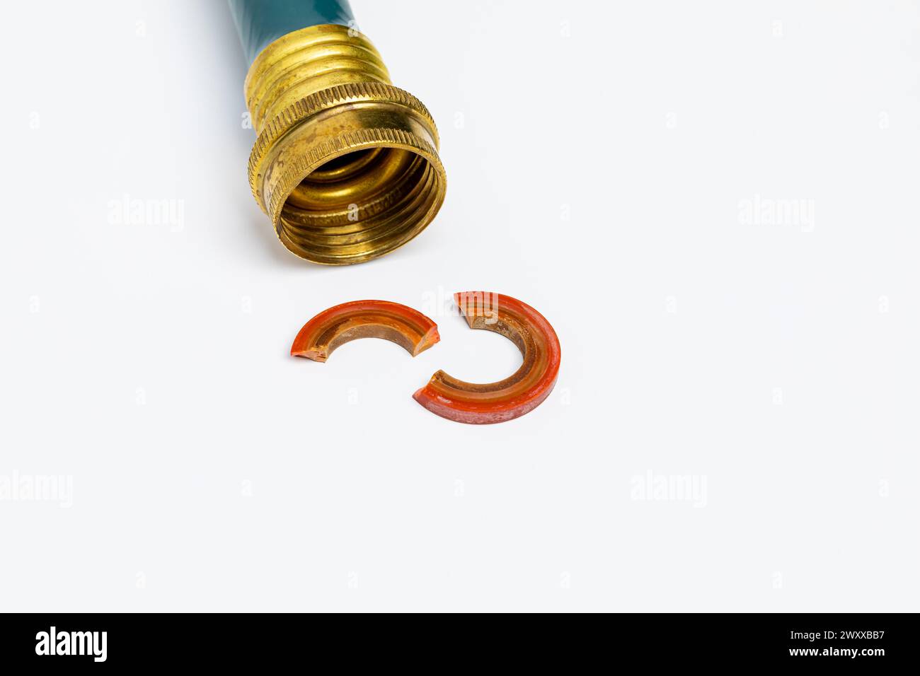 Gartenschlauch mit defekter Gummischeibe. Hausreparatur-, Wartungs- und Rasenpflegekonzept. Stockfoto