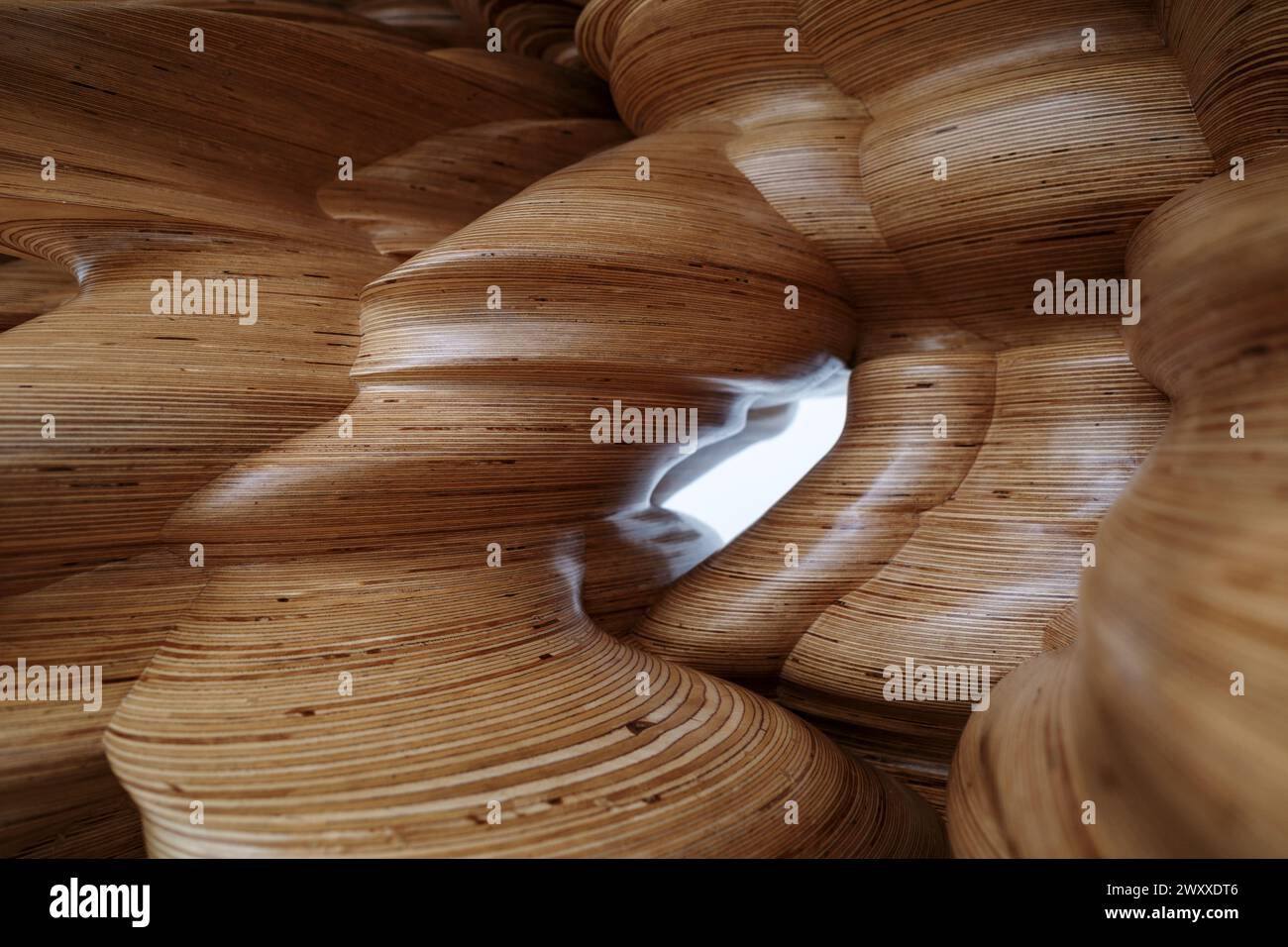 Eine Nahaufnahme eines komplexen, skulpturalen Holzbaus mit sich überlappenden Wirbeln und mehrschichtigen Mustern, die die natürliche Körnung und Textur des Holzes zeigen. Stockfoto