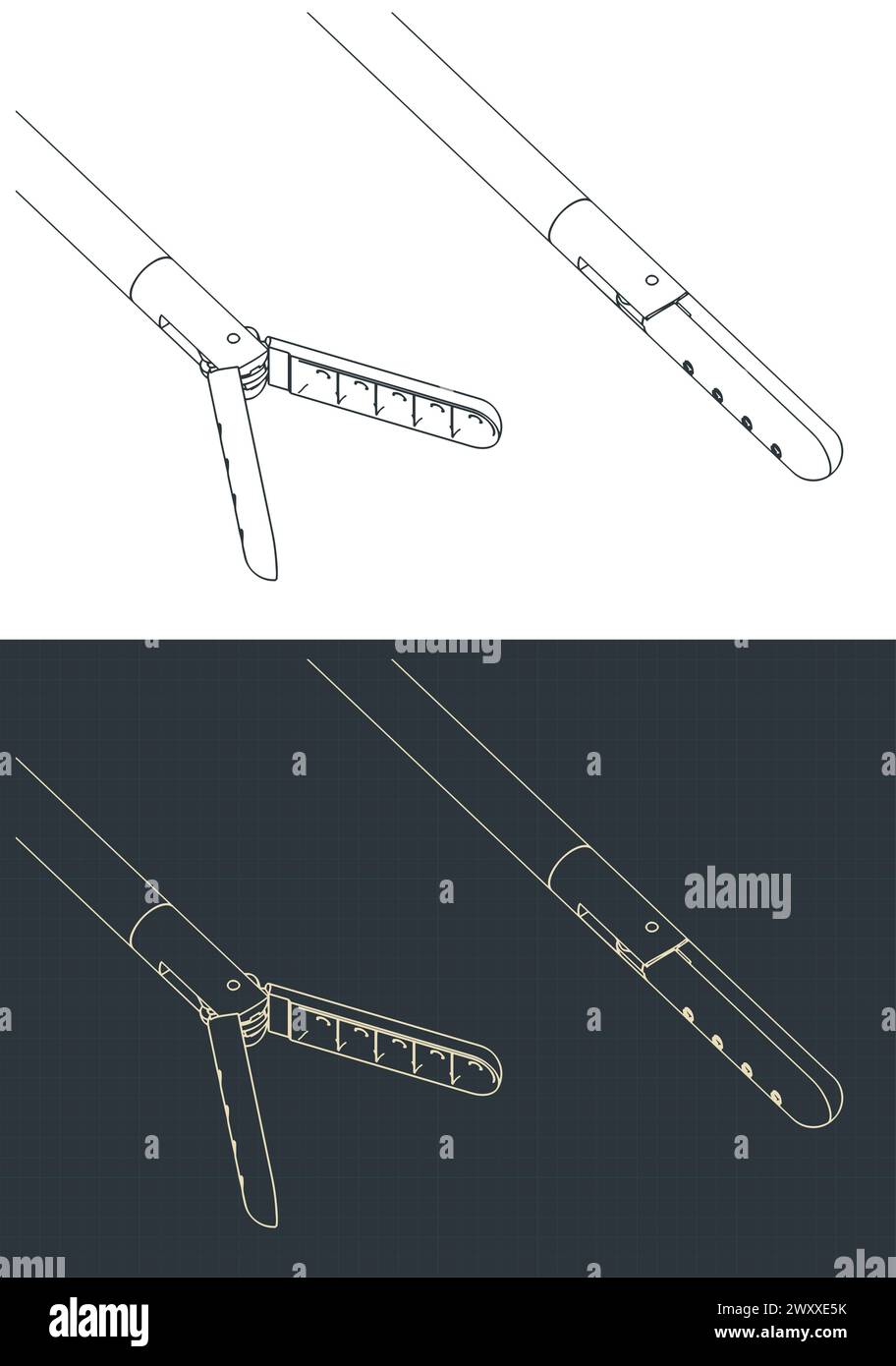 Stilisierte Vektorabbildungen isometrischer Blaupausen eines Biopsiekopfes Stock Vektor
