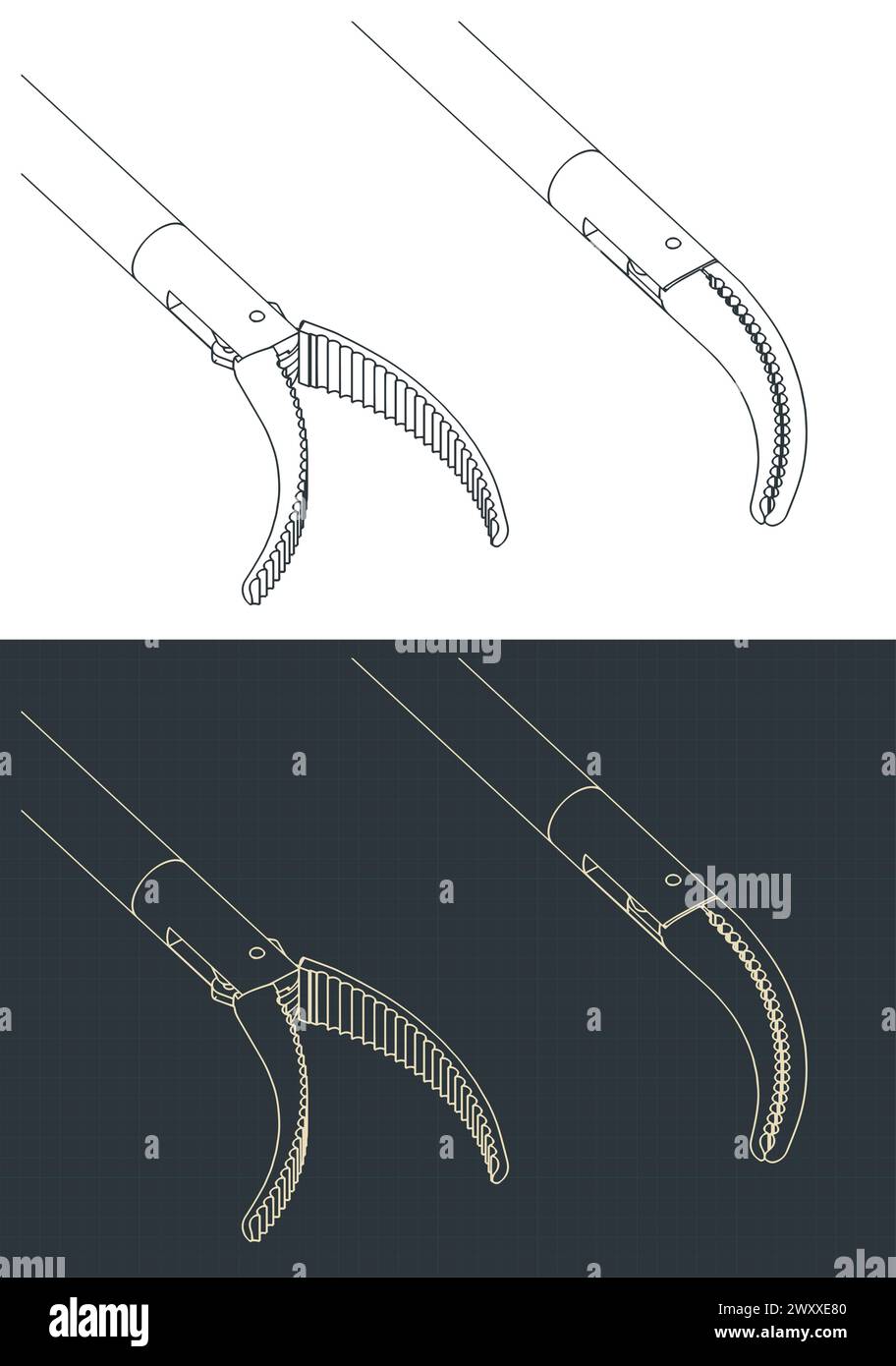 Stilisierte Vektordarstellungen isometrischer Blaupausen einer laparoskopischen Pinzette mit gekrümmtem Kopf Stock Vektor