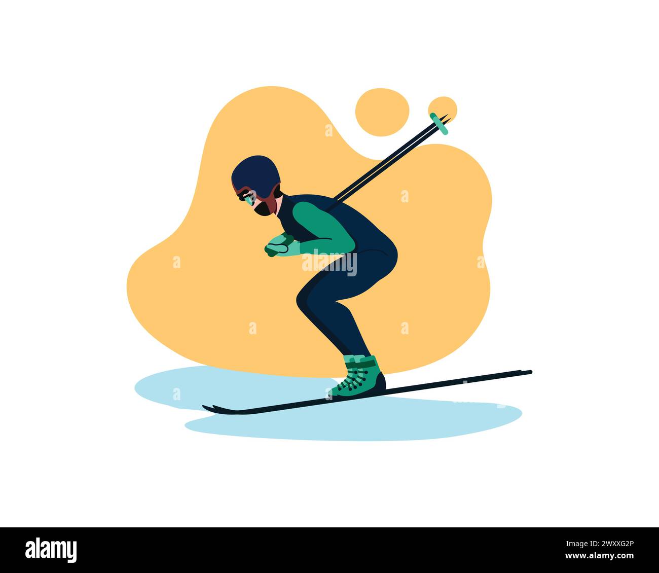 Sportmann Skifahren. Vektor-Illustration des Skifahrers, der vom Berg springt, in Aktion Position isoliert auf weiß. Winter Extremsport, Wettkampfkonzept Stock Vektor