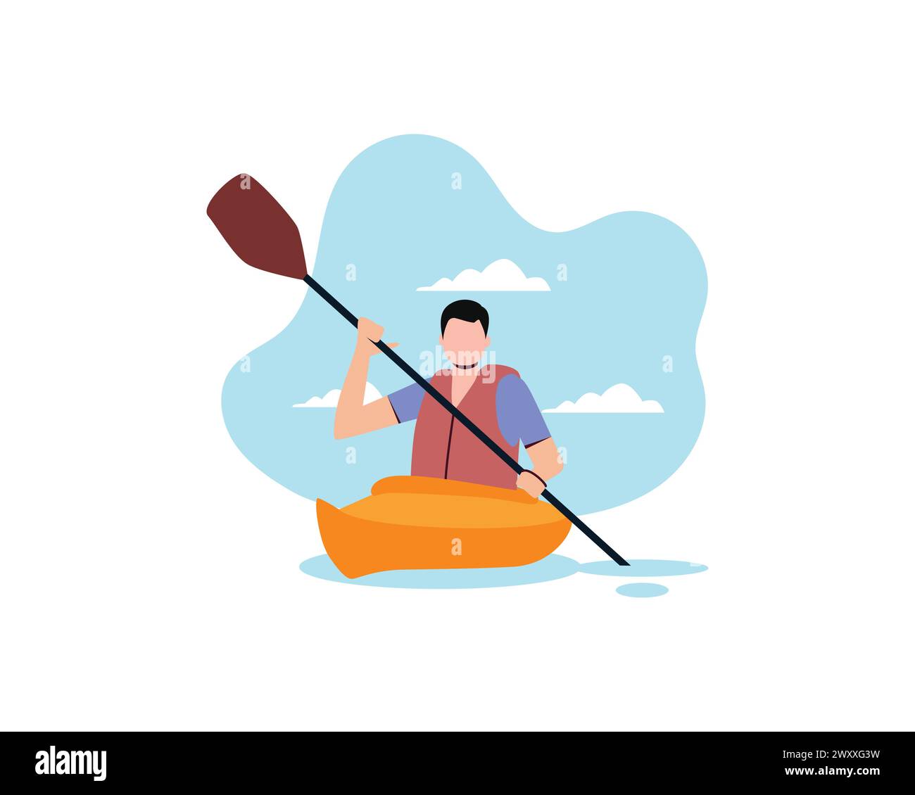 Junger Mann allein Ruderboot mit Paddel. Aktive Menschen mit Extremsport und Freizeitaktivität Vektor-Illustration Design isoliert auf weißem Hintergrund. Stock Vektor