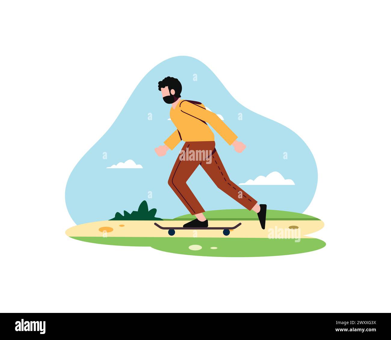 Ein männlicher Charakter mit Bart und Hoody, der Skateboard fährt. Selbstbewusster reifer Mann der Bürger. Sport- und Freizeitvektordesign und Teppich Stock Vektor