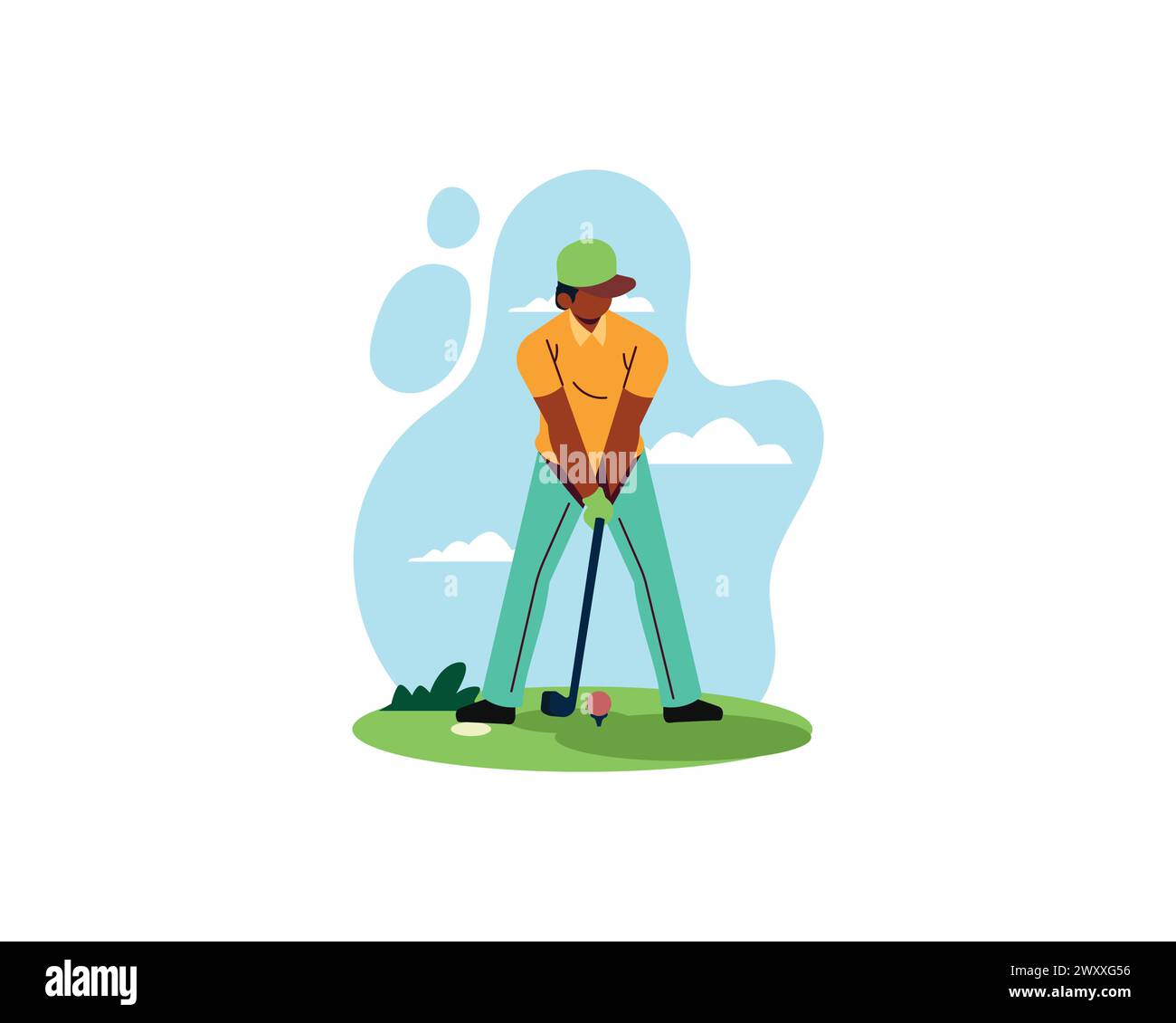 Golfer spielt Golf Vektor Illustration. Cartoon isolierter Mann mit Hut mit Schläger, der auf dem Feld Ball zum Loch schlägt, Aktion des Spielercharakters in Kappe Stock Vektor