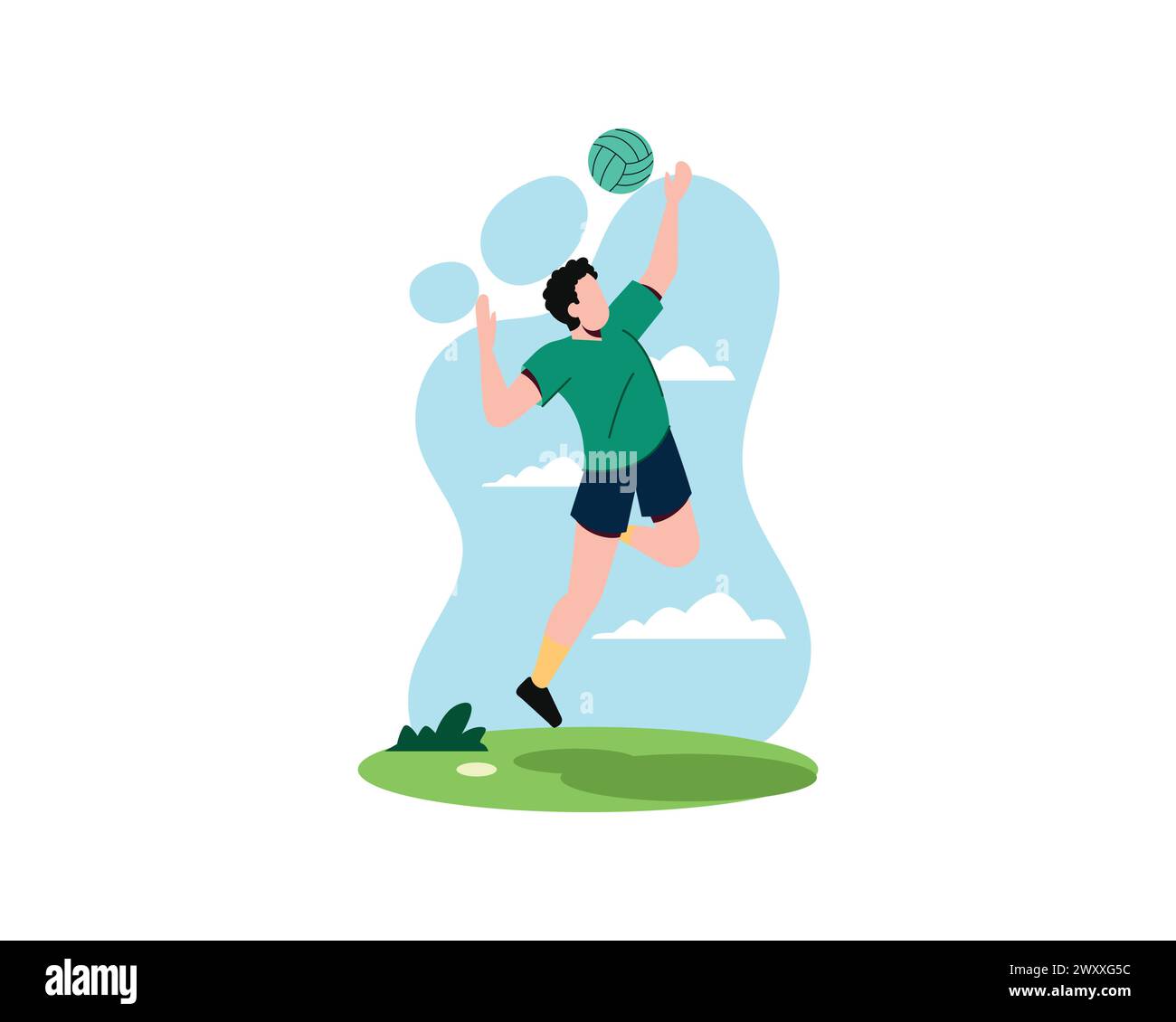 Ein junger Mann spielt Volleyball auf dem Feld. Der aktive Basketballspieler springt und schlägt den Ball. Sport und Freizeit Design Konzept Vektor Illustration. Stock Vektor