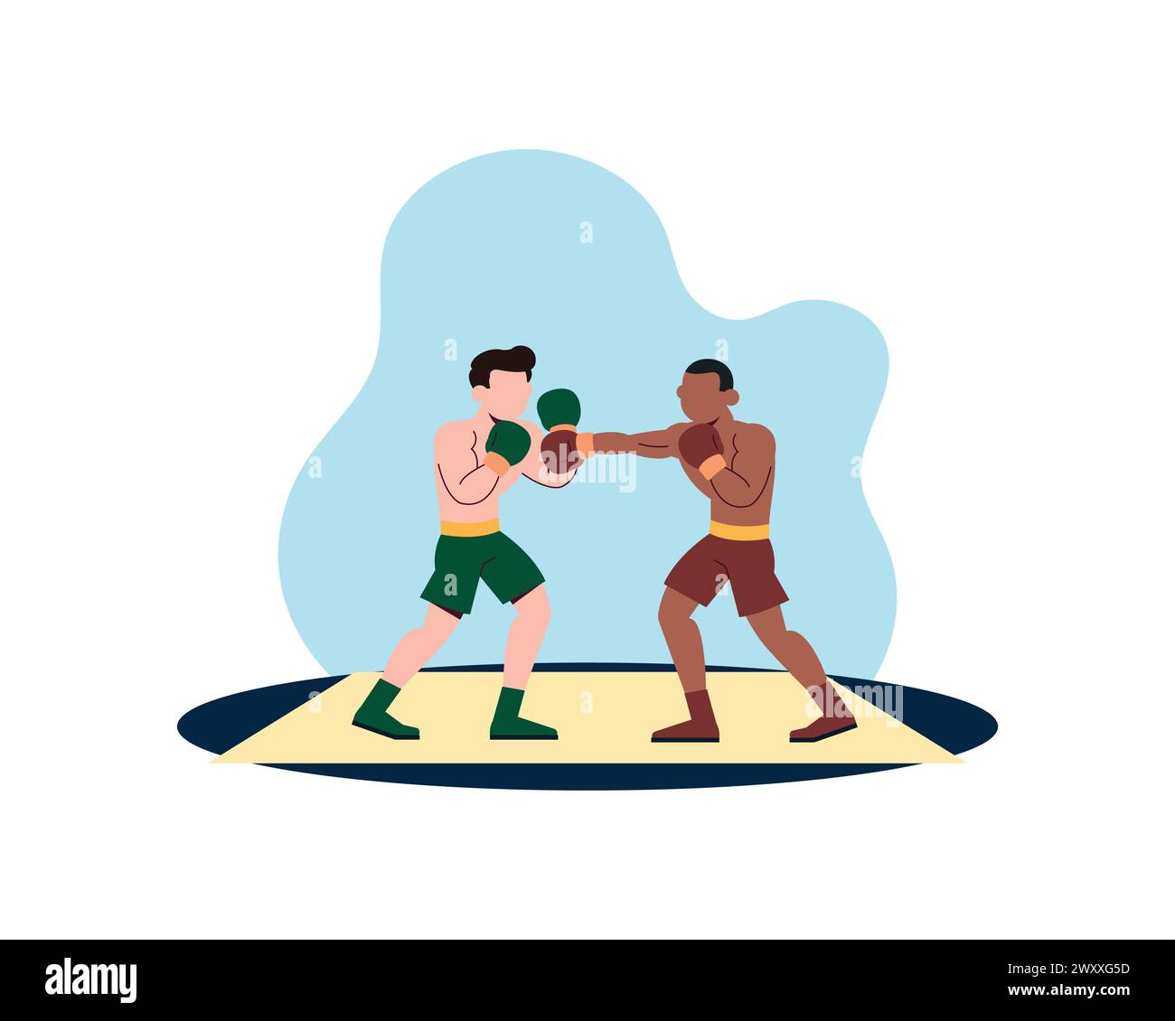 Zwei professionelle Boxer kämpfen auf Ring. Starke Kämpfer in Shorts und Handschuhen Sparring auf isoliertem weißen Hintergrund Cartoon Vektor Stock Vektor