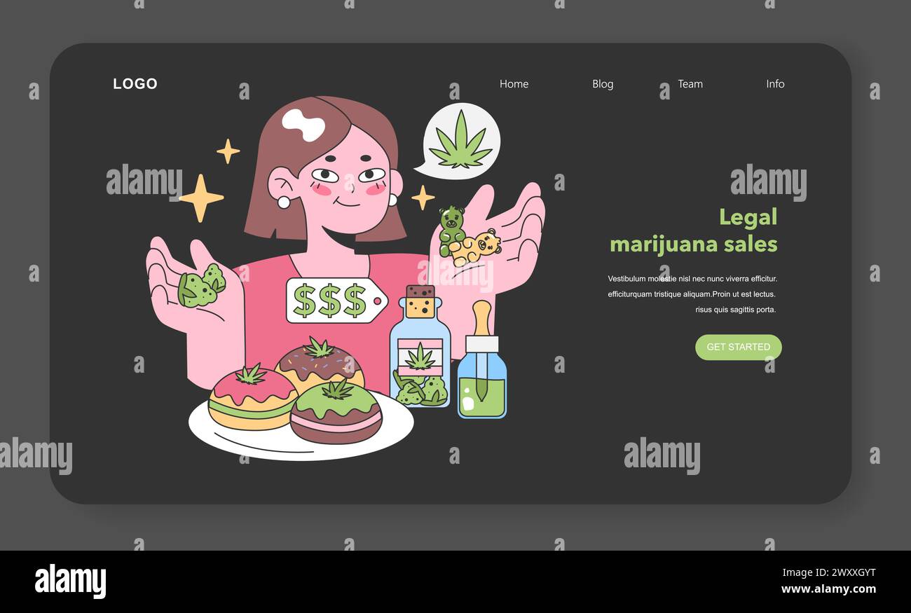 Junge Frau, die Cannabis-Köstlichkeiten erforscht. Bietet Platz für Gummibären, bietet mit THC angereichertes Gebäck, CBD-Öle und visualisiertes Blatt. Cannabiskonsum. Illustration des flachen Vektors. Stock Vektor