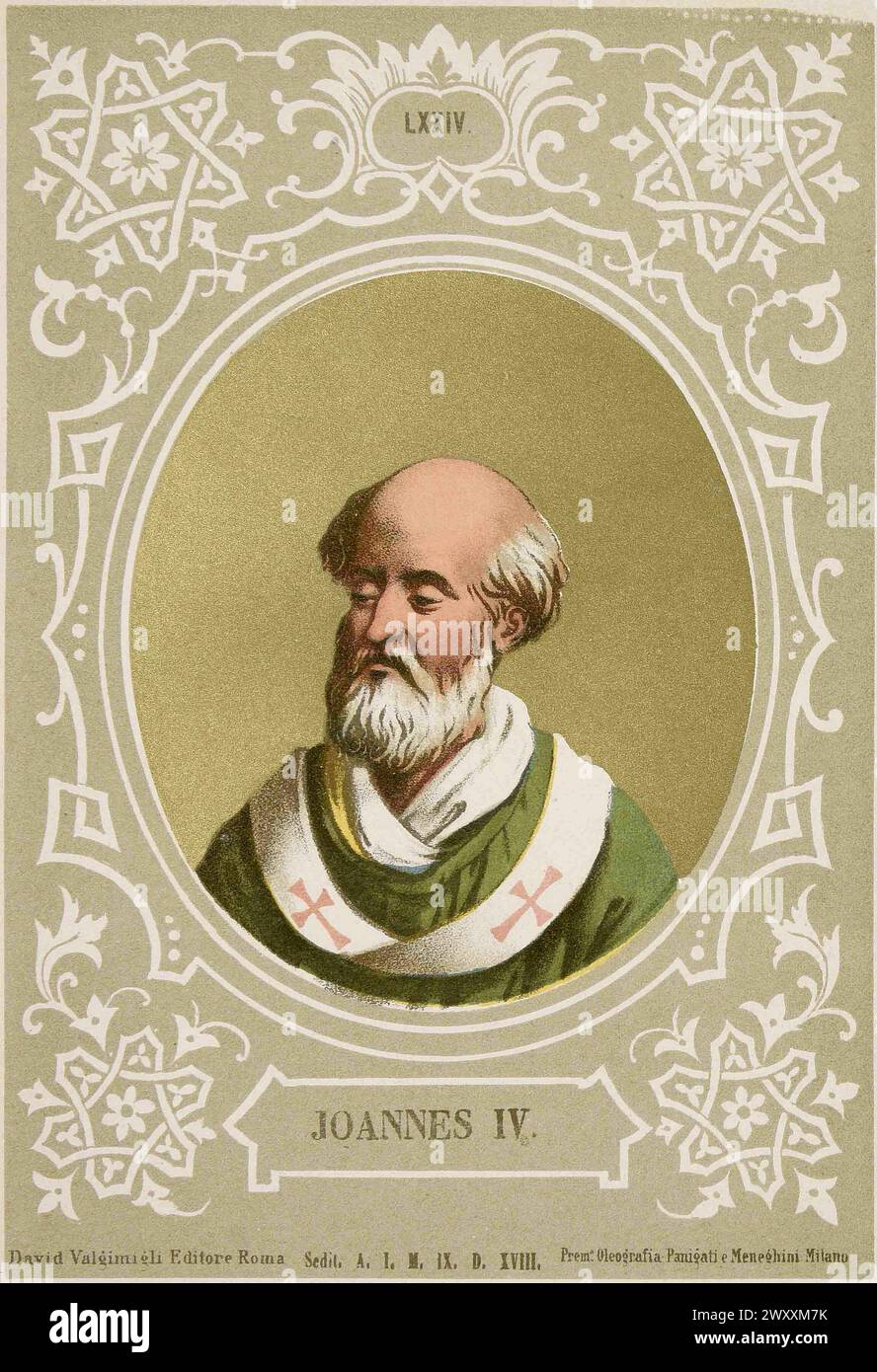 Ein Kupferstich von Papst Johannes IV. Aus dem Jahr 1879, der von 640 bis 642 Jahre alt war. Er war der 72. Papst. Stockfoto