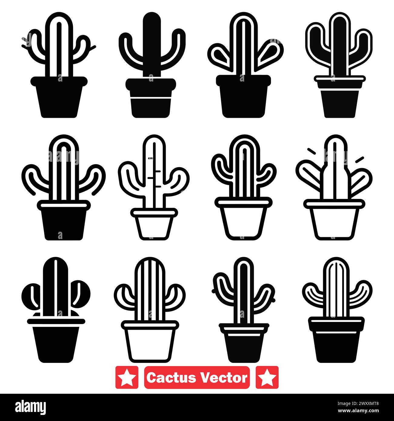 Arid Artistry Chic Cactus Silhouette Set, um Ihre Designprojekte aufzuwerten Stock Vektor