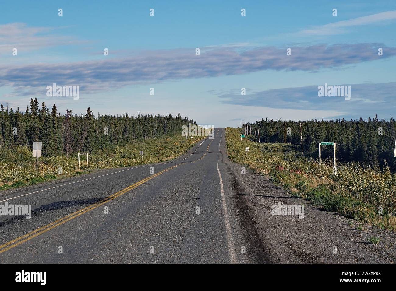 Endlose Straße ohne Verkehr, Wald, Wildnis, Alaska Highway, Yukon Territory, Kanada Stockfoto