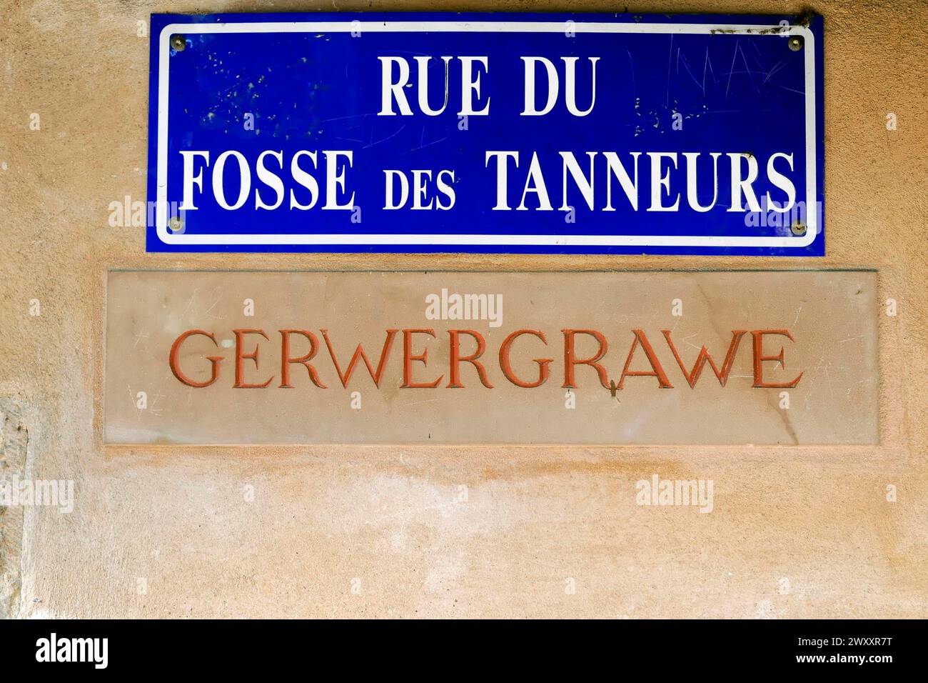 Blaues Gassenschild mit zweisprachigen Namen einer Gasse an einer Mauer, Straßburg, Elsass, Frankreich Stockfoto