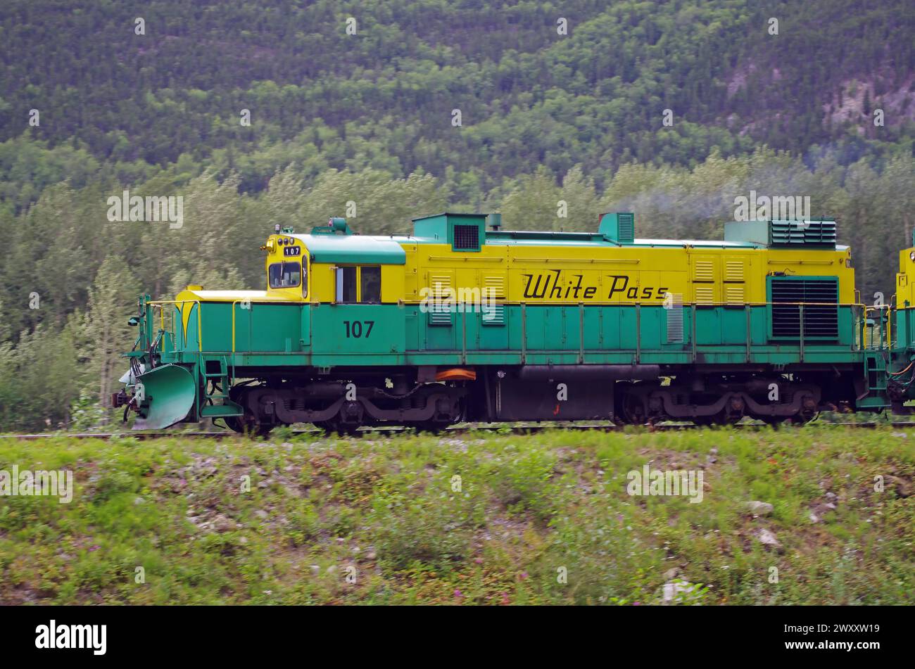 Diesellokomotive der White Pass Railway, Skagway, Alaska, USA Stockfoto