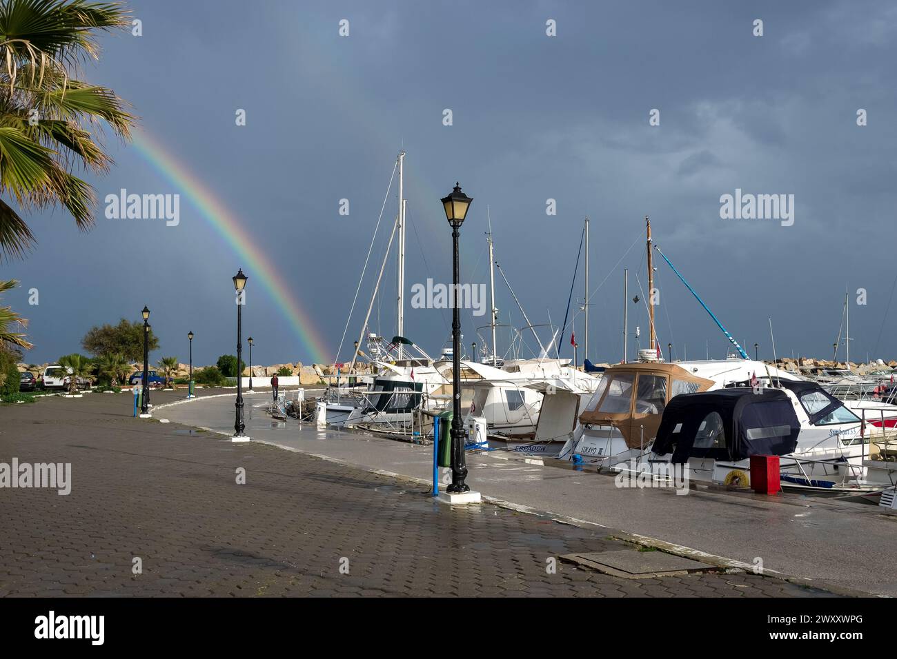 Blick auf den Hafen von Sidi Bou Said, eine malerische Stadt und beliebte Touristenattraktion, etwa 20 km nordöstlich der Hauptstadt Tunis Stockfoto