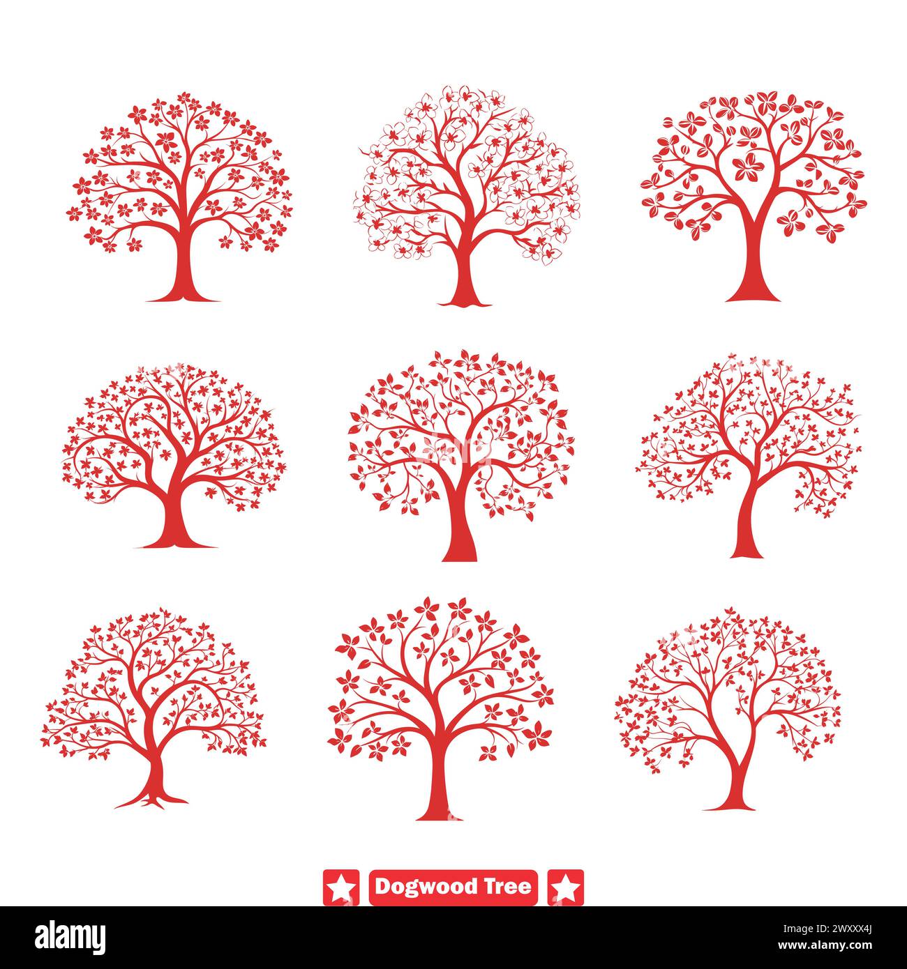 Botanisches Dogwood Tree Silhouette Bundle vielseitige Elemente für die Gestaltung fesselnder Designs Stock Vektor