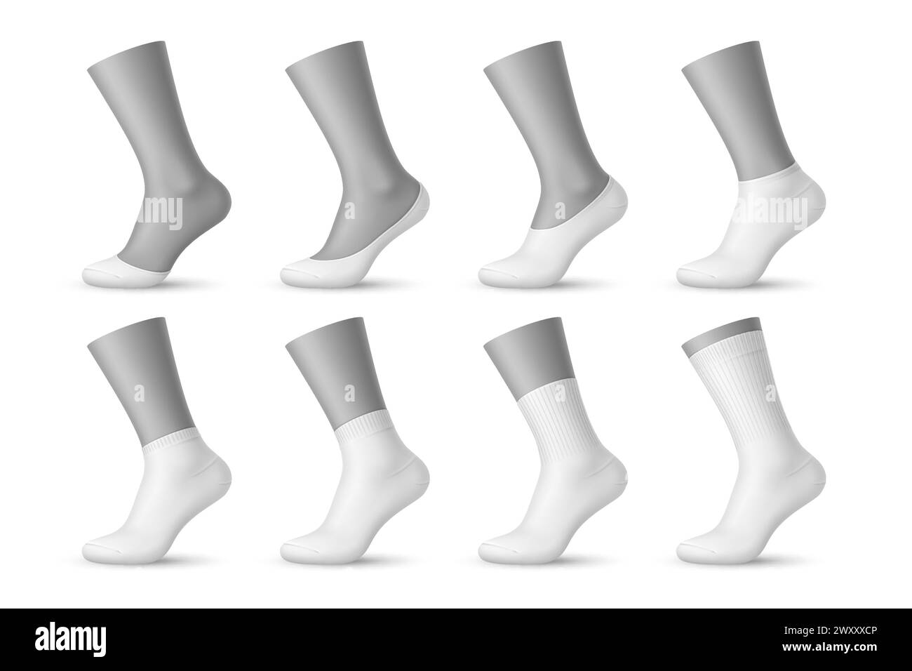 Realistische Herrensocken, 3D-Vektor-weiße sox-Mockups haben Baumwoll-Zehenschutz, No-Show, extra oder niedrig geschnitten, Viertel- und Mid-Wadenmode und Sportbekleidung. Isoliertes Material, elastische Sockenschablonen Stock Vektor