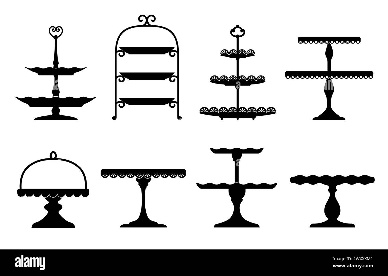 Hochzeitstortenplatte, Standtablett-Silhouetten. Isolierte Vektor elegante schwarze Tische für Obst oder Desserts während festlicher Veranstaltungen und Zeremonien. Monochrom-Servierartikel für Speisen Stock Vektor
