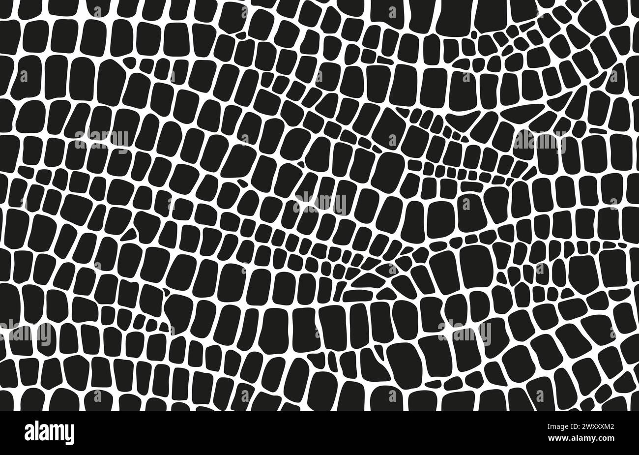 Tierhautmuster. Dinosaurier-, Krokodil- und Schlangenreptilienleder-Hintergrund. Vektor-monochrome nahtlose Alligator-Tarntextur von schwarzen Skalen mit unregelmäßigen Formen, die kleinen Fliesen ähneln Stock Vektor
