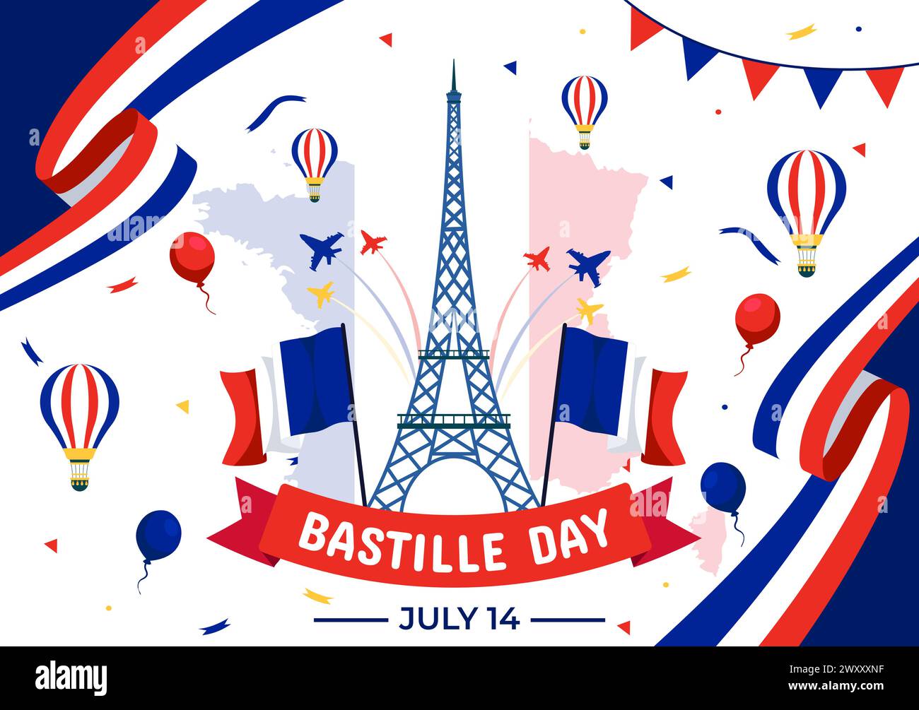 Happy Bastille Day Vektor Illustration am 14. juli mit französischer Flagge, Band und Eiffelturm im National Holiday Flat Cartoon Hintergrund Stock Vektor