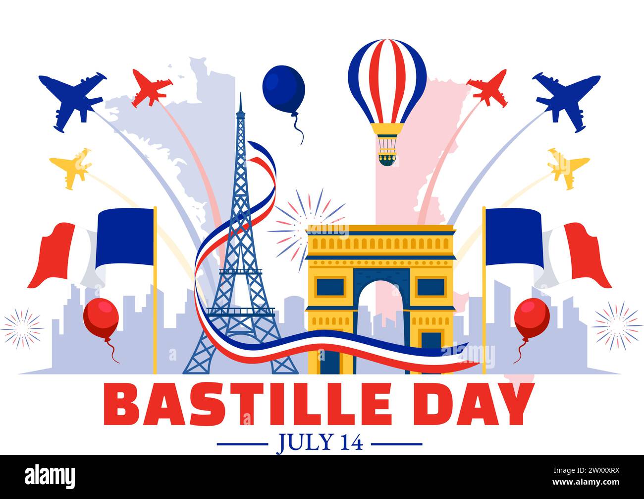 Happy Bastille Day Vektor Illustration am 14. juli mit französischer Flagge, Band und Eiffelturm im National Holiday Flat Cartoon Hintergrund Stock Vektor