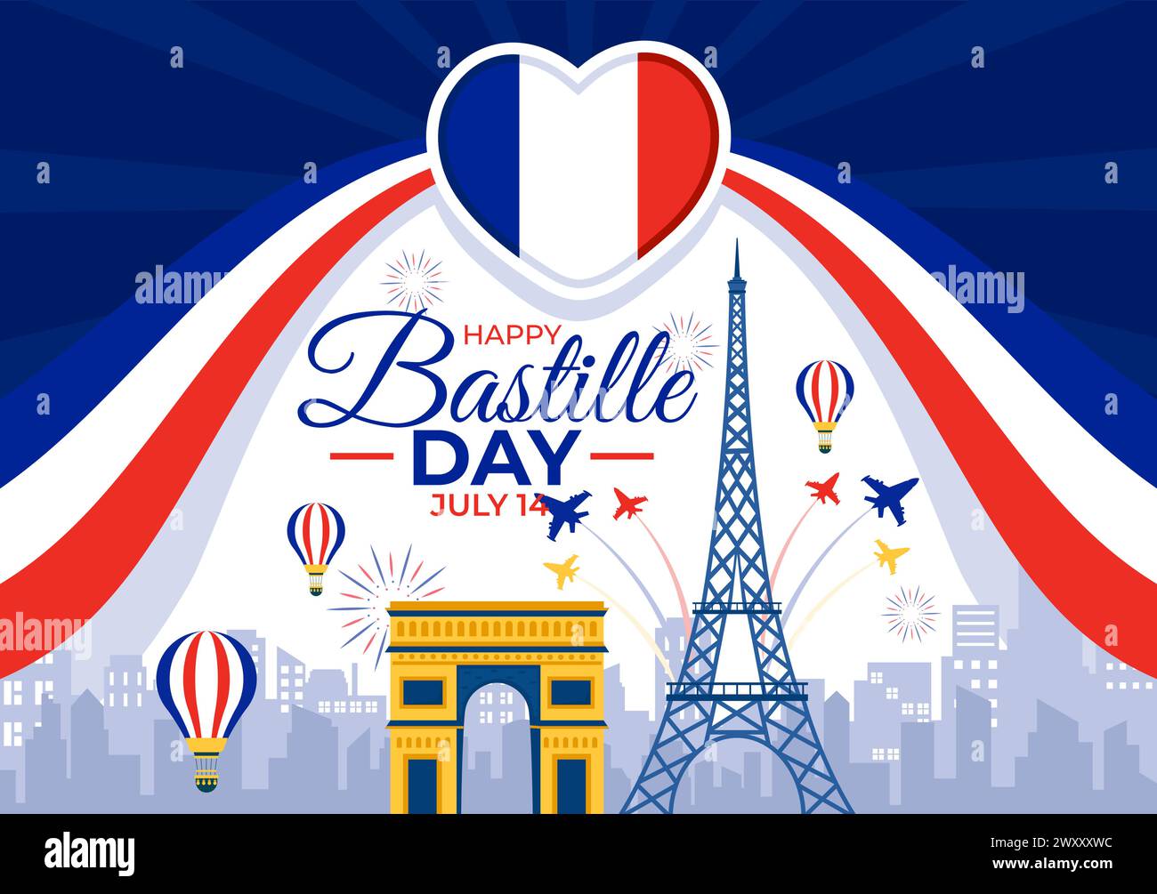 Happy Bastille Day Vektor Illustration am 14. juli mit französischer Flagge, Band und Eiffelturm im National Holiday Flat Cartoon Hintergrund Stock Vektor