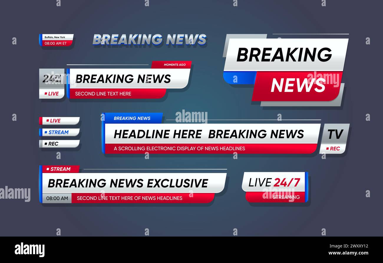 Nachrichten, Banner im dritten Kopfteil unten. Vektor-tv-Kopfzeilen, Überschriften zeigen wichtige Informationen im Fernsehen an. Videotitel in blauen, roten und weißen Farben. Isolierte Streifen mit Text Stock Vektor