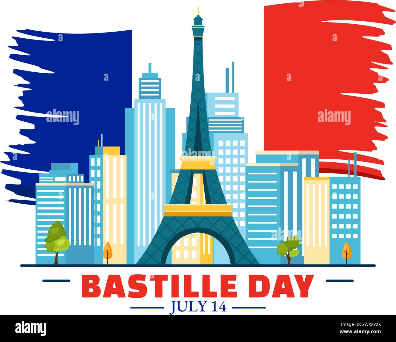 Happy Bastille Day Vektor Illustration am 14. juli mit französischer Flagge, Band und Eiffelturm im National Holiday Flat Cartoon Hintergrund Stock Vektor