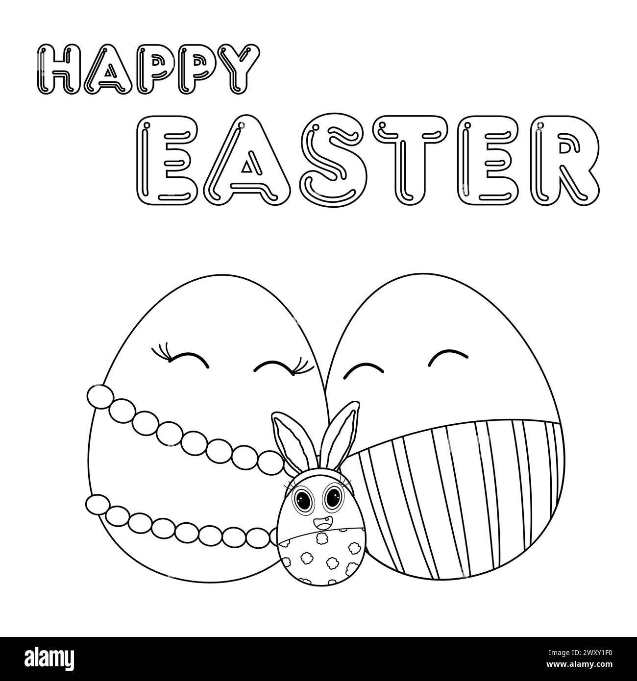 Glückliche anthropomorphe ostereier-Familie umarmt. Dad, Mom, kleiner Junge mit Hasenohren. Bild mit Text - Happy Easter. Vektor-Schwarzweiß-Zeichnung Stock Vektor