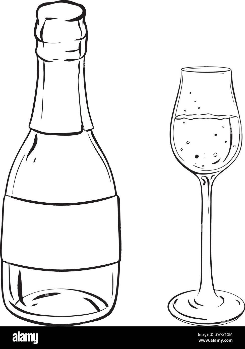 Monochrome Illustration einer Weinflasche und eines Glases auf einem Tisch Stock Vektor