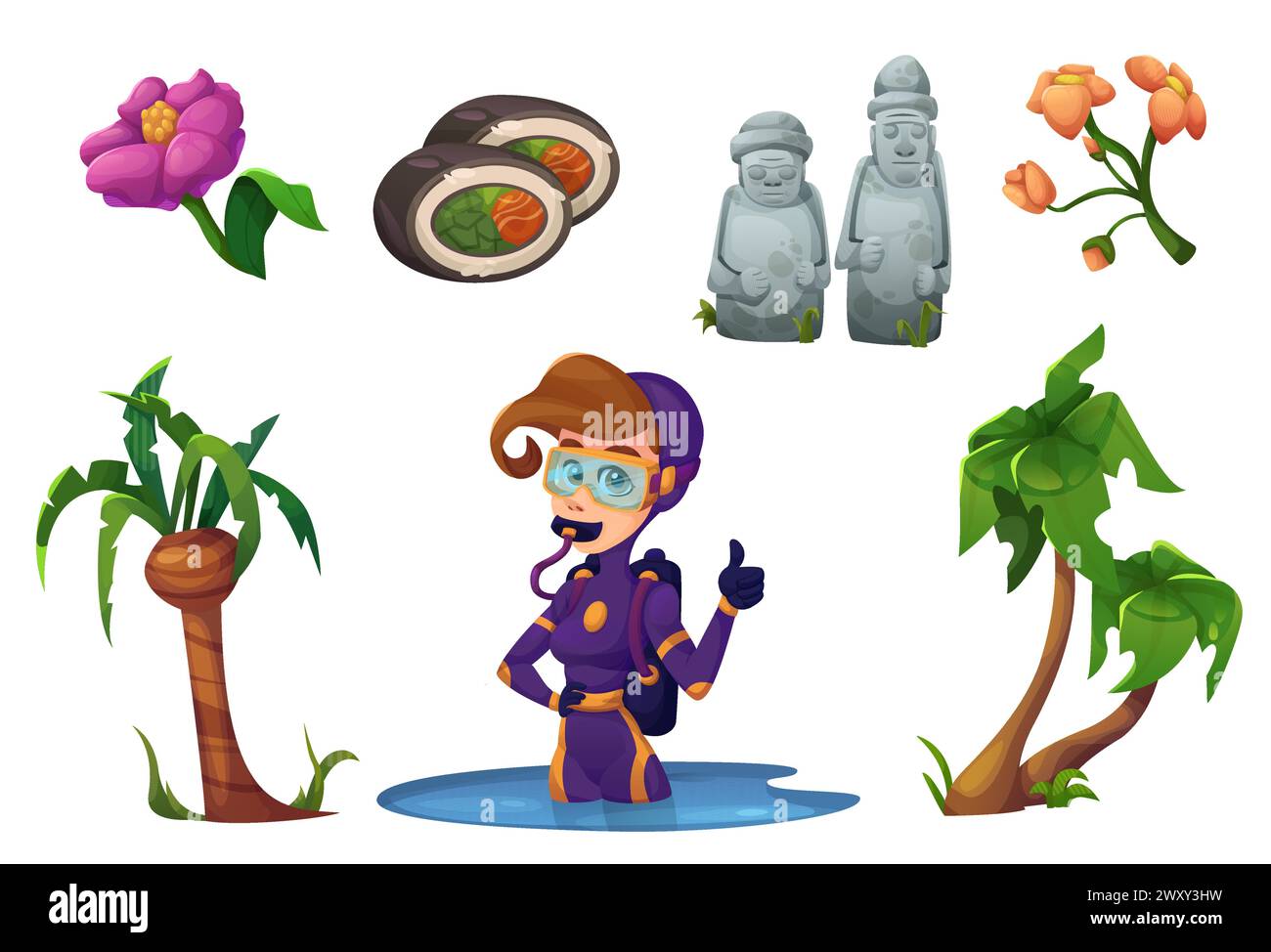 Symbole der Jeju-Insel auf weißem Hintergrund. Vektor-Karikaturillustration von südkoreanischen Inselpalmen, Blumen, Fischbrötchen, traditionelle Stein-dol Hareubang-Statuen, weibliche Taucherin Stock Vektor