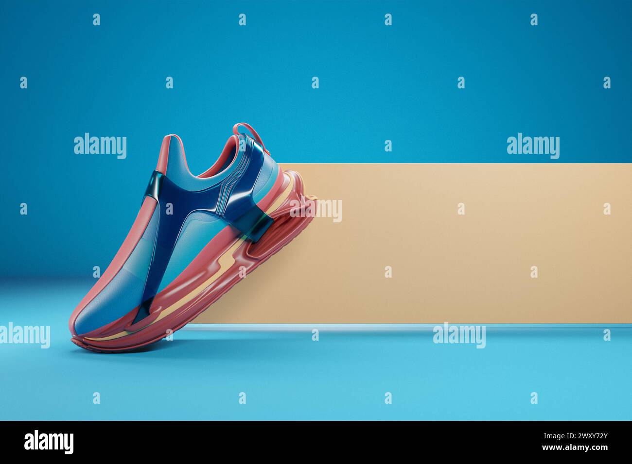 3D-Illustration von farbenfrohen Sneakers mit Schaumstoffsohlen und Verschluss auf blauem Hintergrund. Sneakers, Seitenansicht. Modische Sneakers. Stockfoto