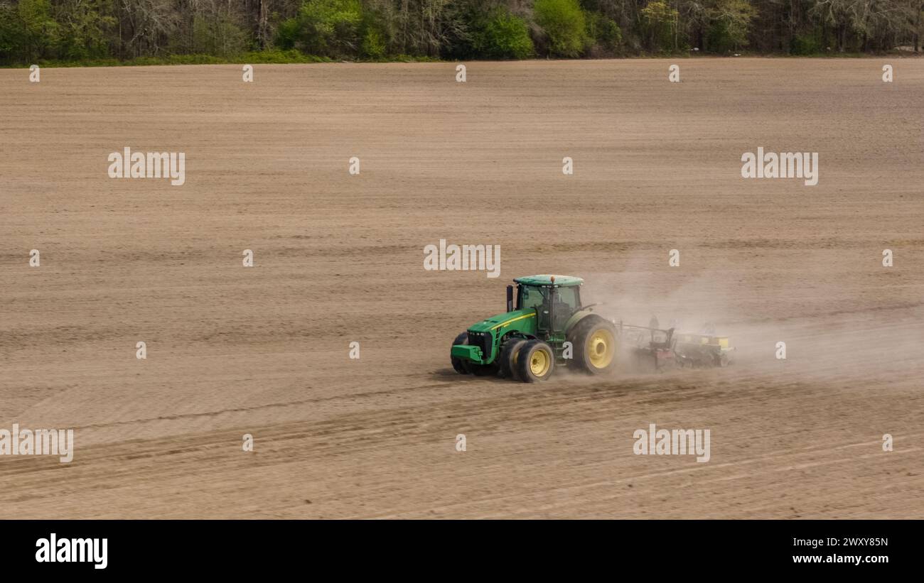 Ein Traktor, der Felder pflügt, Staub und Gras in Gibson, North Carolina, aufwirbelt Stockfoto