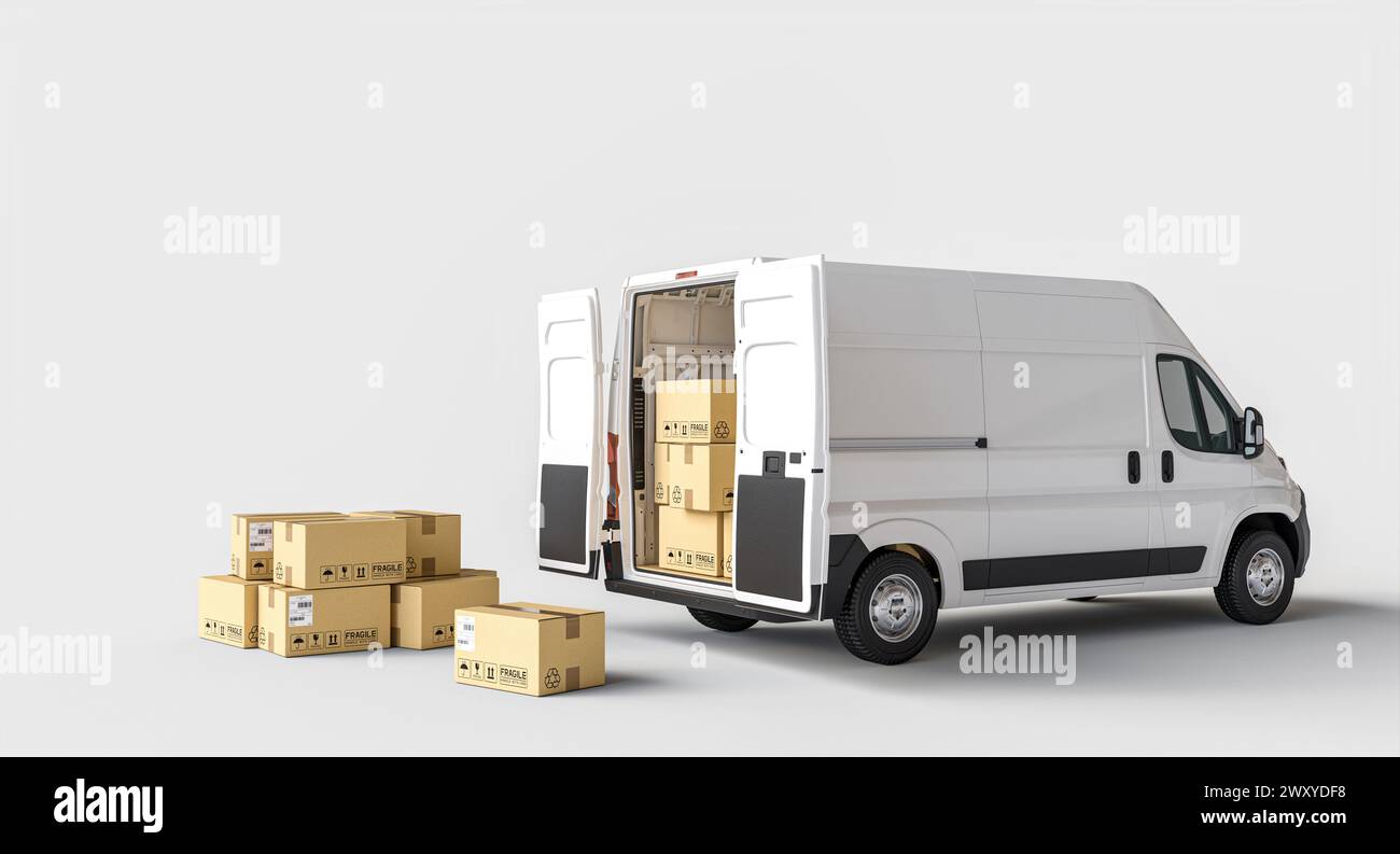 Weißer Van mit offenen Hintertüren. 3D-Rendering Stockfoto
