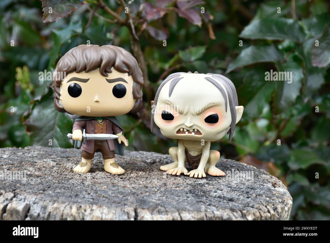 Funko Pop Actionfiguren von Hobbit Frodo und Gollum aus dem Fantasy-Film der Herr der Ringe. Dunkler Wald, Baumstumpf, grüne Blätter. Stockfoto