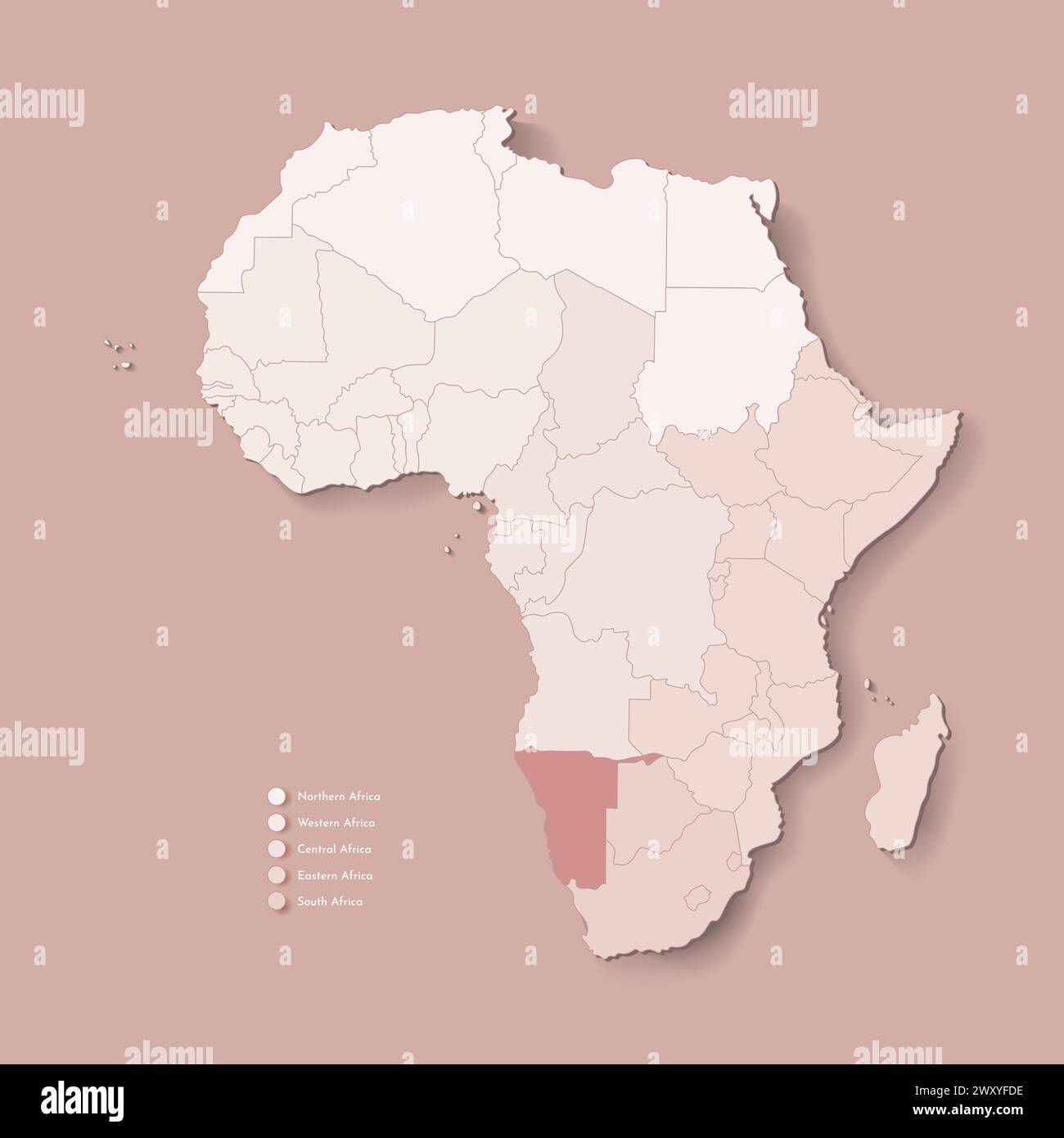 Vektor-Illustration mit afrikanischem Kontinent mit Grenzen aller staaten und markiertem Land Namibia. Politische Karte in braunen Farben mit West-, Süd- und Stock Vektor