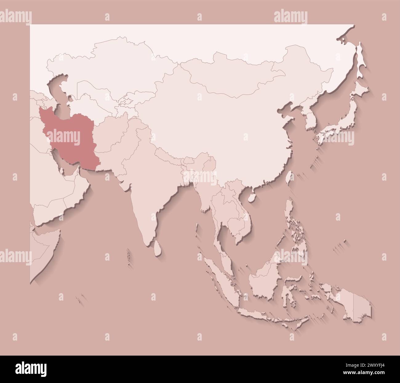 Vektor-Illustration mit asiatischen Gebieten mit Grenzen von staaten und markiertem Land Islamische Republik Iran. Politische Karte in braunen Farben mit Regionen. B Stock Vektor