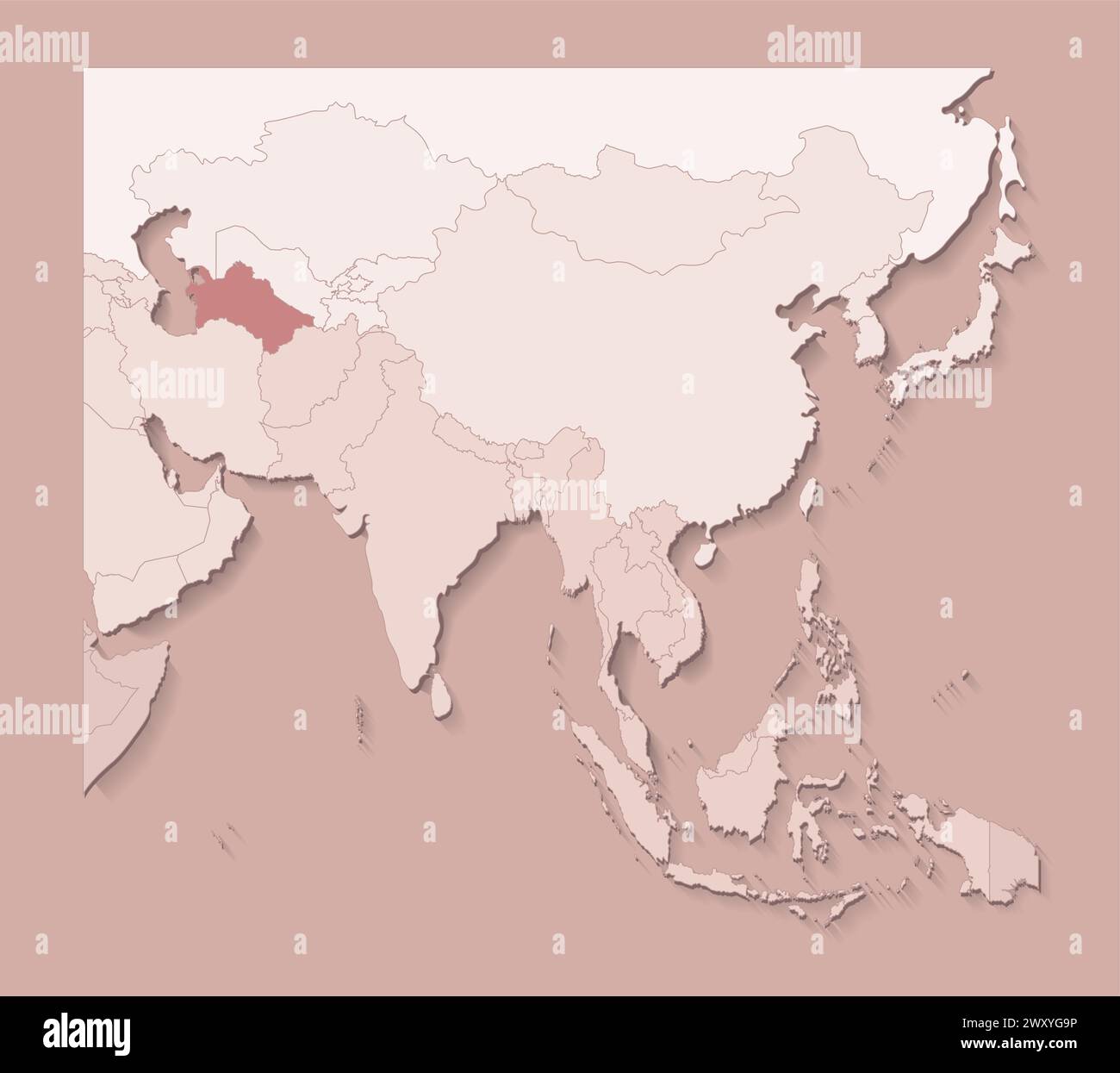 Vektor-Illustration mit asiatischen Gebieten mit Grenzen von staaten und markiertem Land Turkmenistan. Politische Karte in braunen Farben mit Regionen. Beige Backgro Stock Vektor