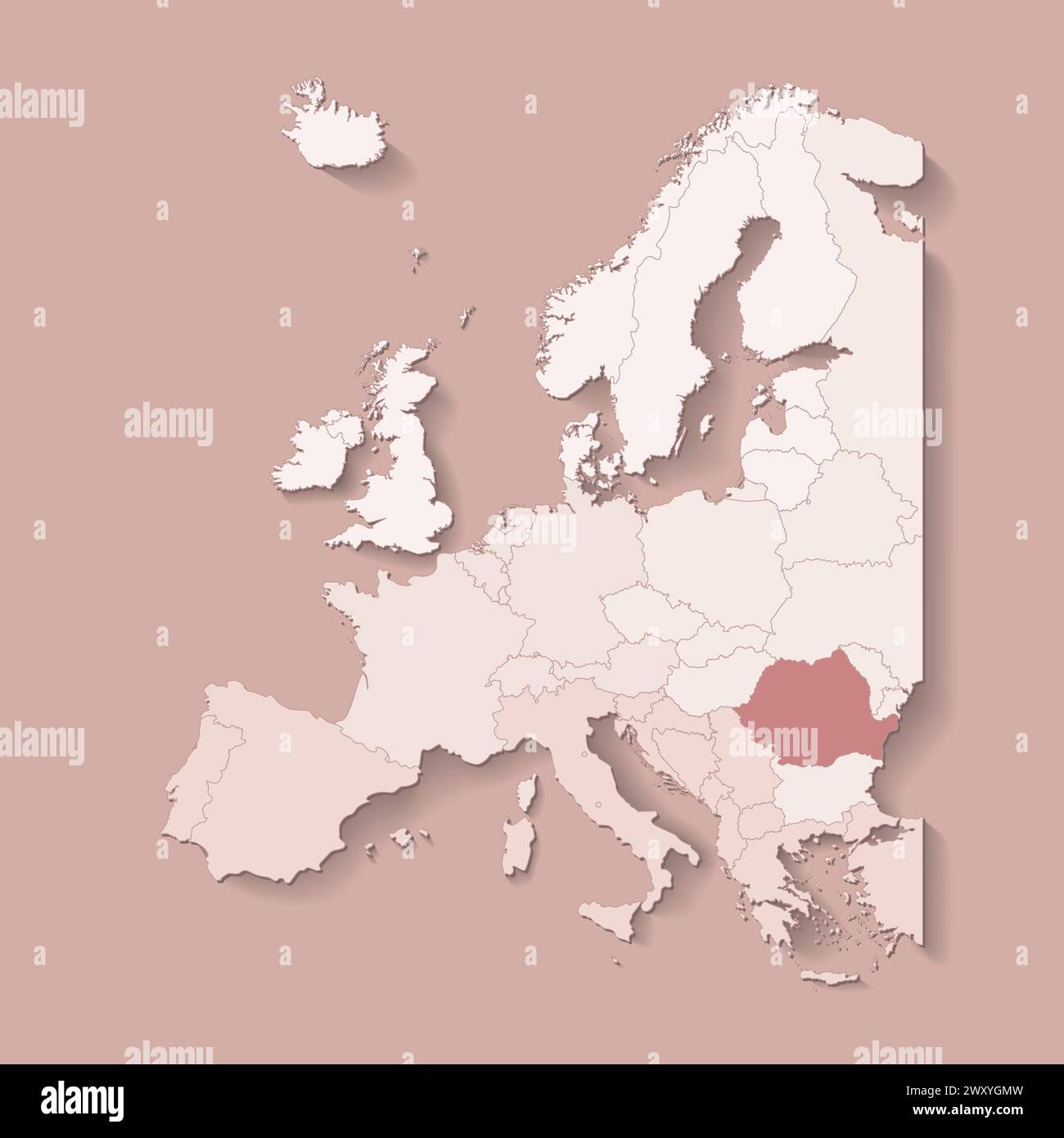 Vektor-Illustration mit europäischem Land mit Grenzen von staaten und markiertem Land Rumänien. Politische Karte in braunen Farben mit West-, Süd- und etc.-Re Stock Vektor